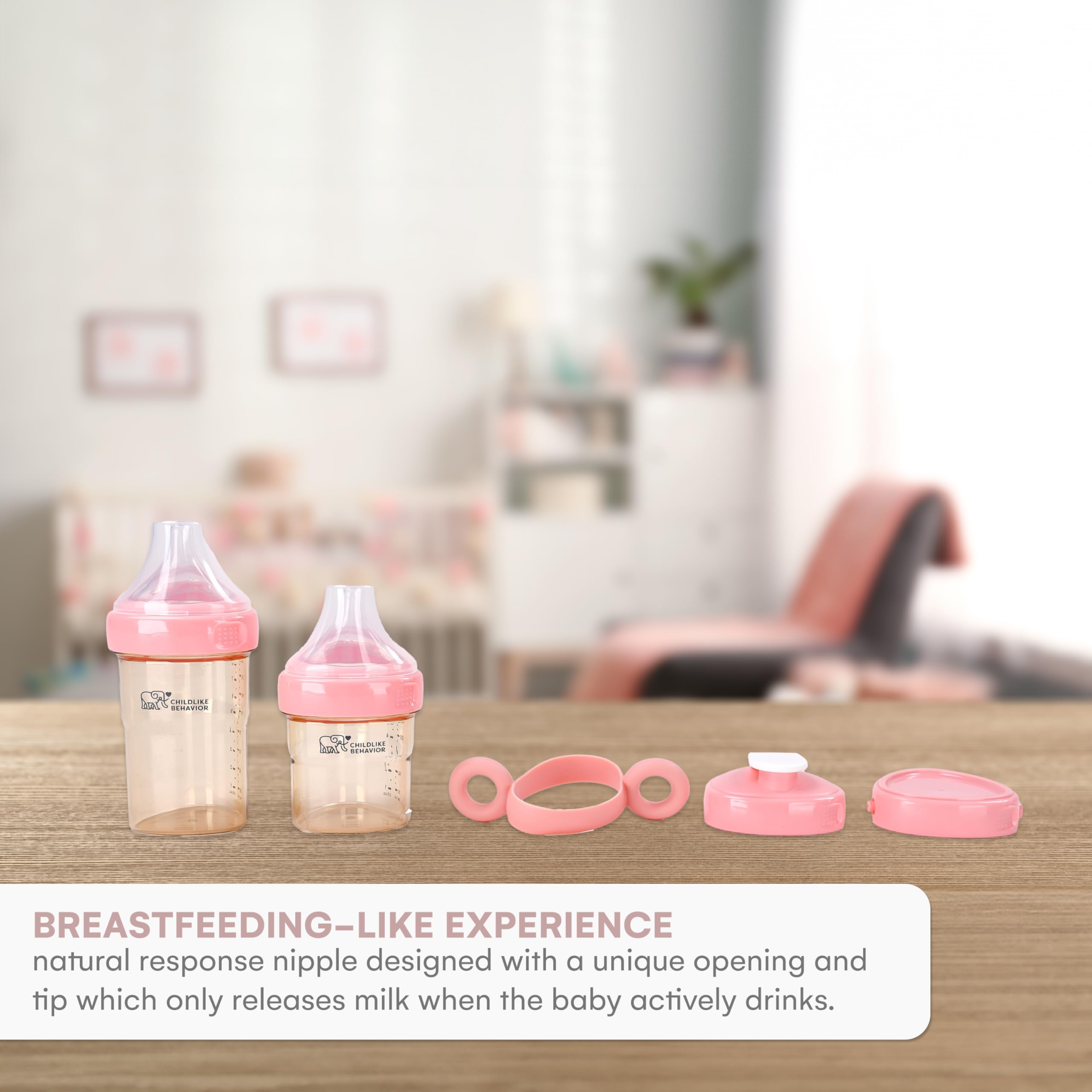 Childlike Behavior 8oz anti-colic bottle pink with venting for calmer feedings.