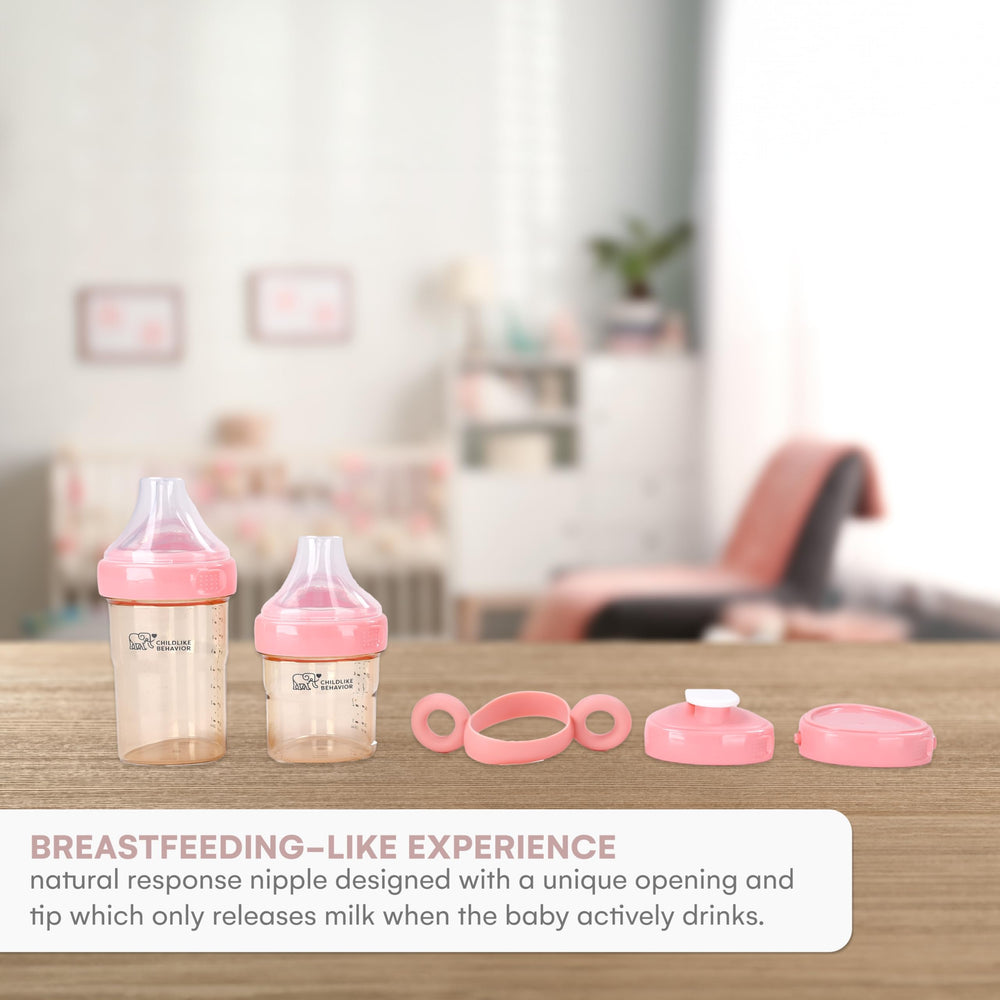 Childlike Behavior 8oz anti-colic bottle pink with venting for calmer feedings.