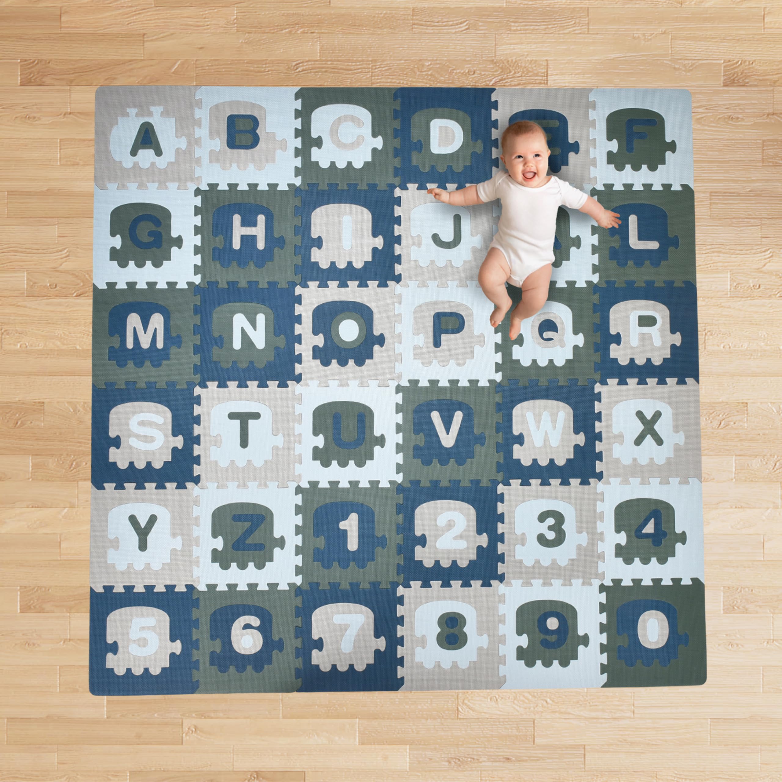 CHILDLIKE BEHAVIOR baby play mat in blue interlocking tiles for crawling