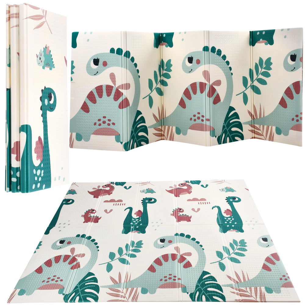 CHILDLIKE BEHAVIOR baby play mat with orange dinos for tummy time on a cushioned surface