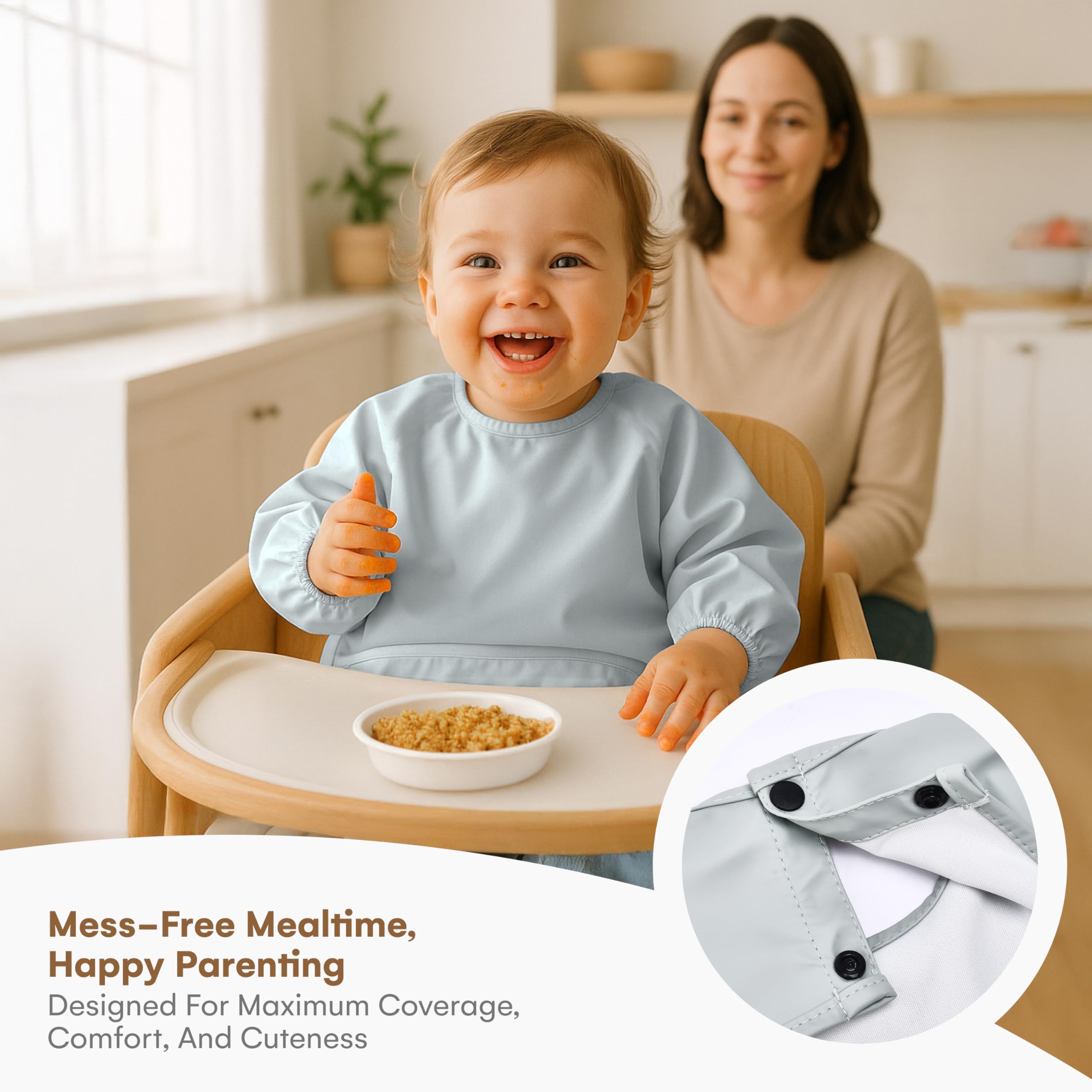 CHILDLIKE BEHAVIOR sleeved bib showing full coverage during mealtime