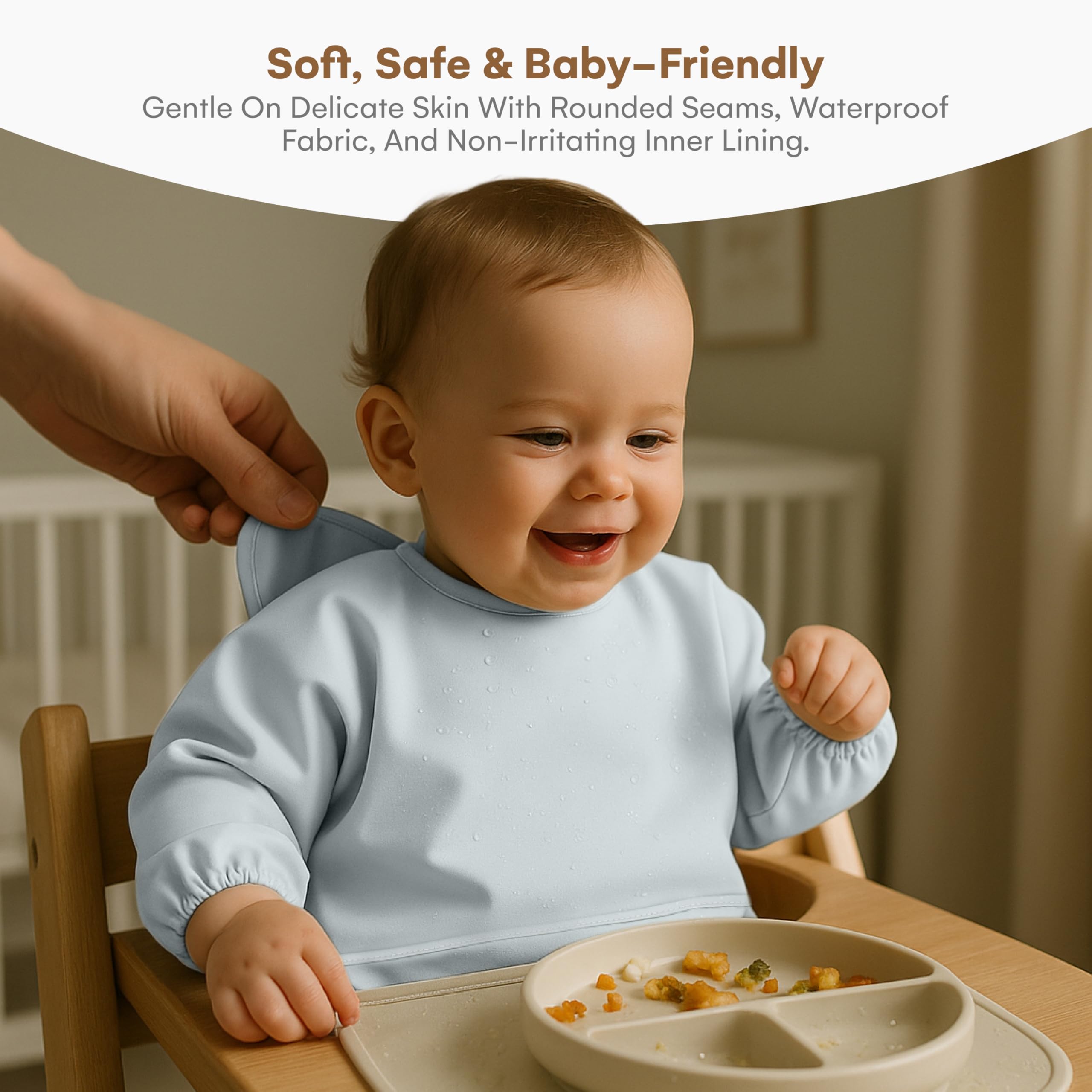 CHILDLIKE BEHAVIOR tug-proof closure keeps bib in place during meals