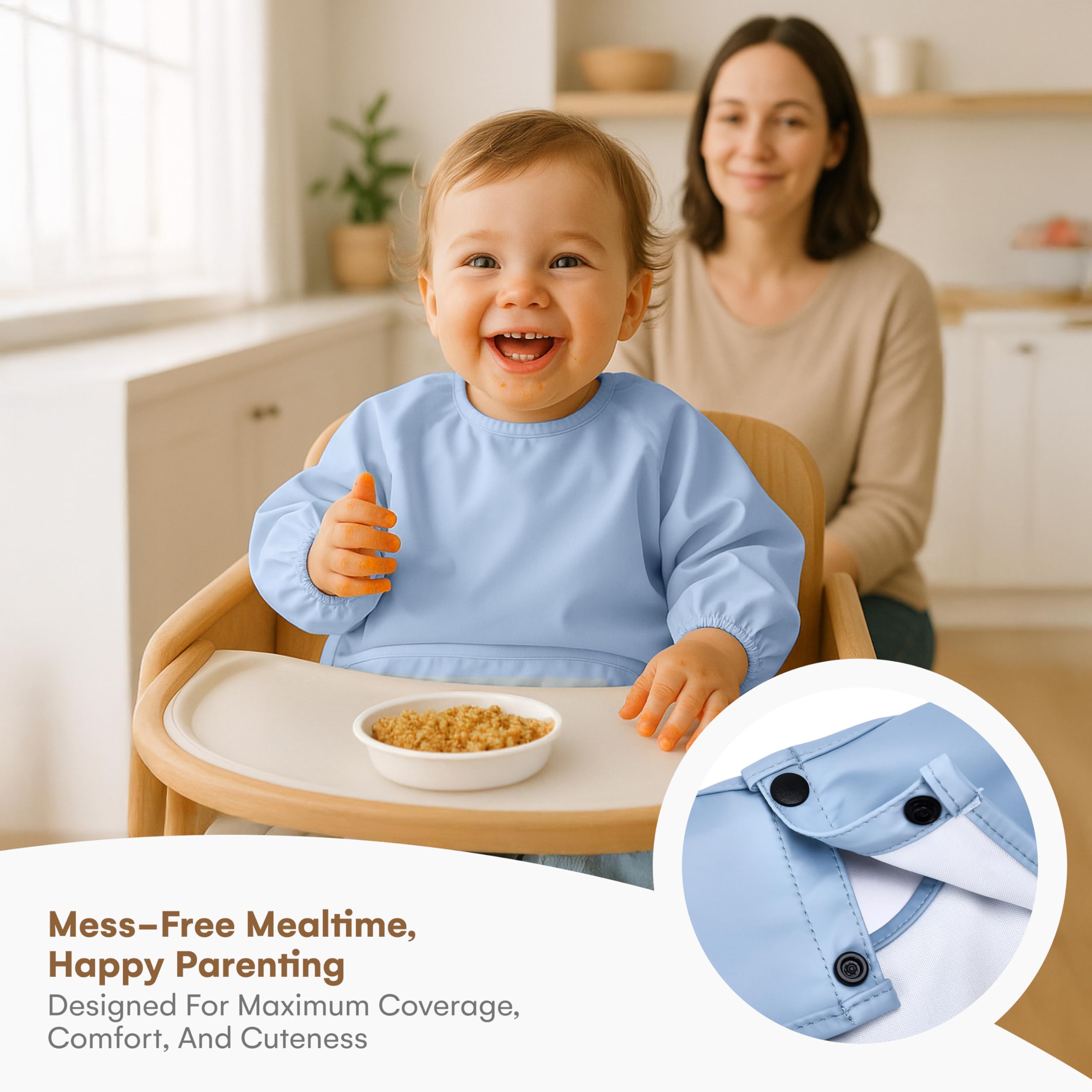 CHILDLIKE BEHAVIOR waterproof smock bib provides full coverage for messy feeding sessions.