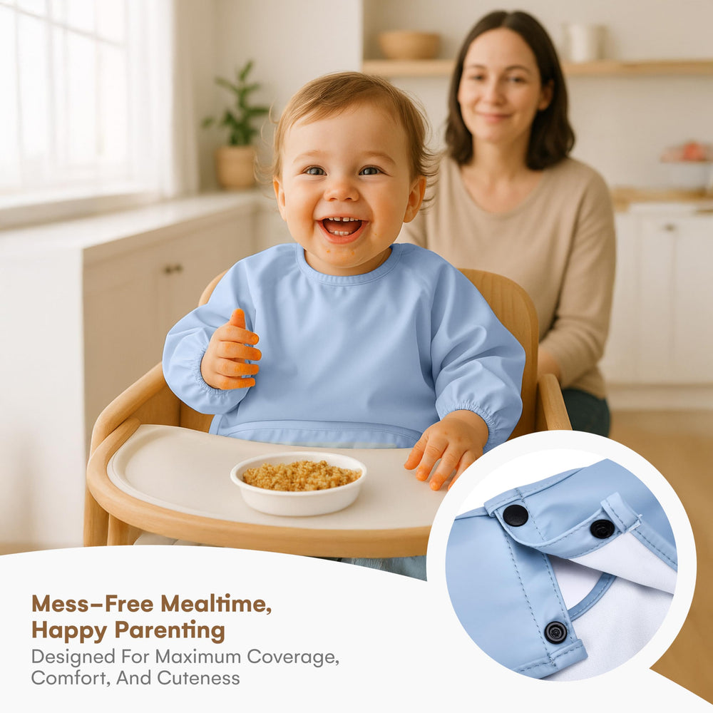 CHILDLIKE BEHAVIOR waterproof smock bib provides full coverage for messy feeding sessions.