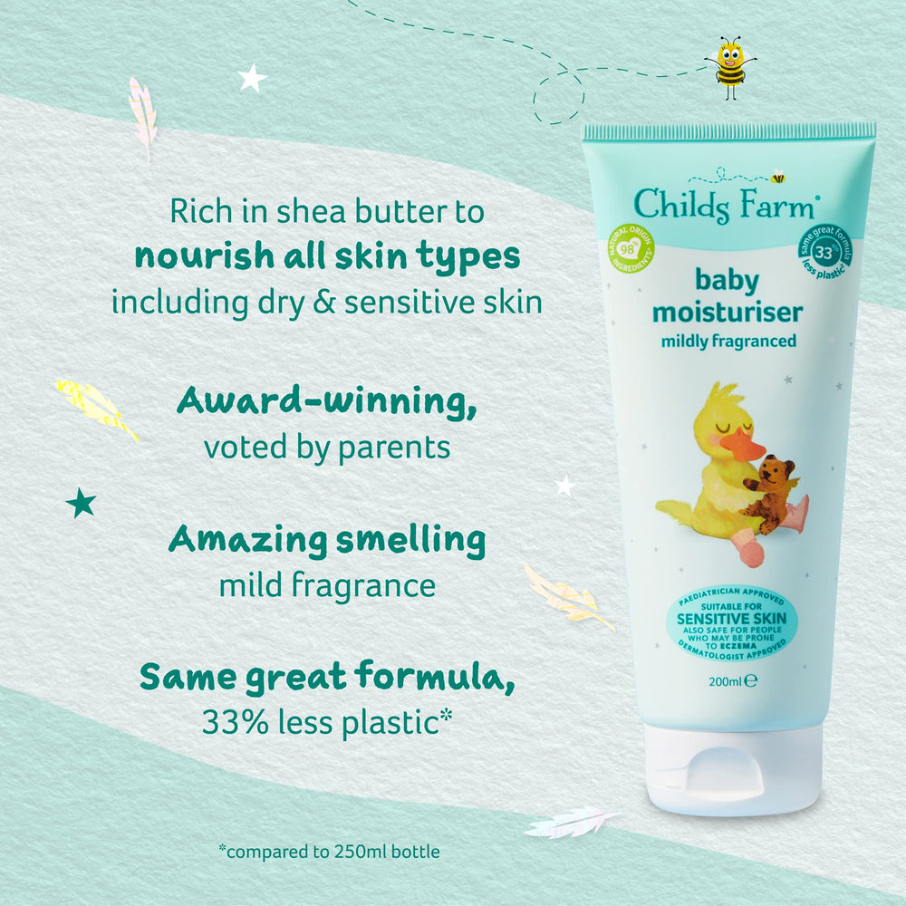 Parent applies Childs Farm moisturiser after bath for comfort and routine.