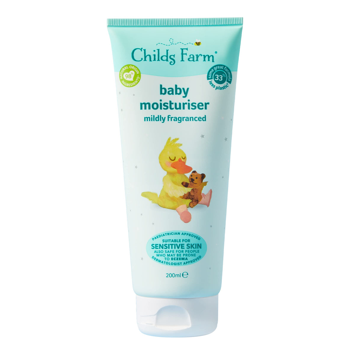 Childs Farm baby moisturiser mildly fragranced bottle, gentle hydration for delicate skin.