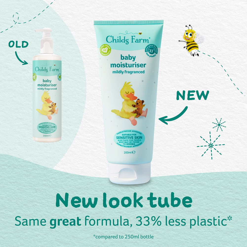 Childs Farm moisturiser bottle pump, easy one-handed application for busy mornings.
