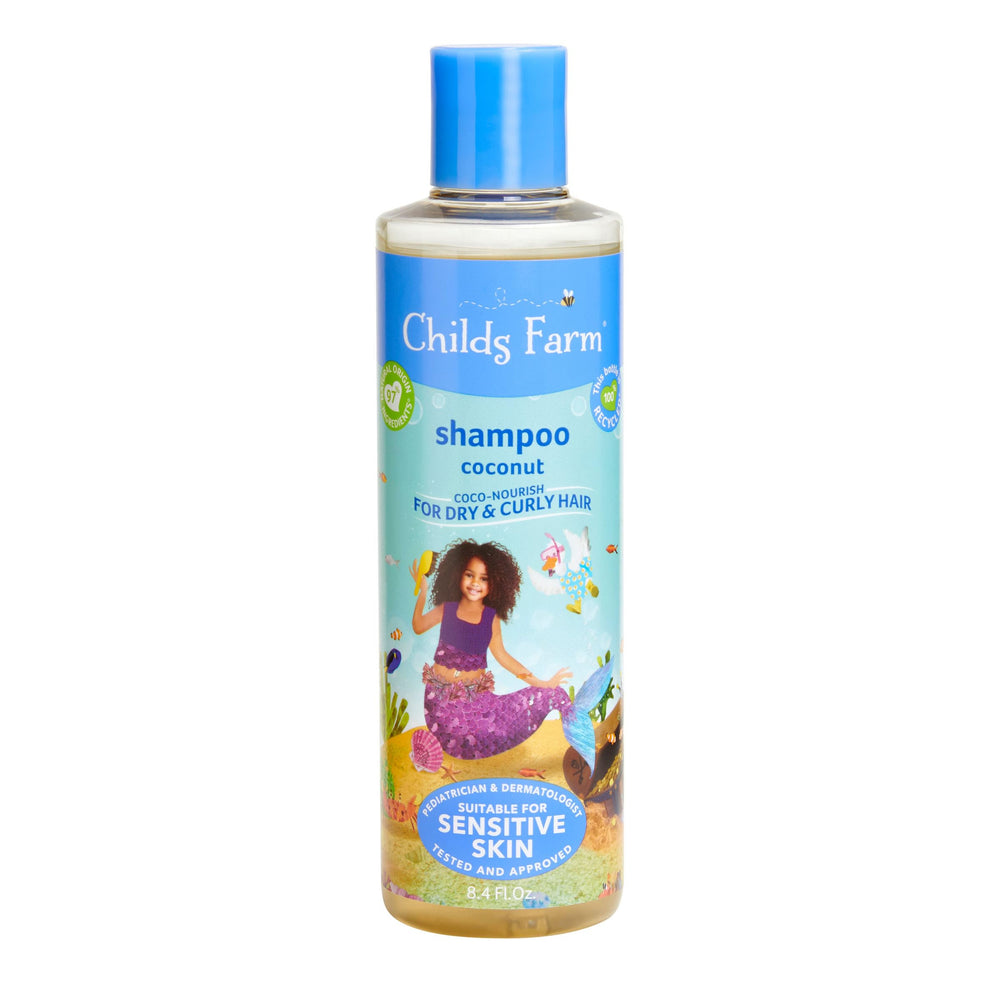 Childs Farm Coco-Nourish Shampoo bottle closeup showing gentle cleansing for curly hair