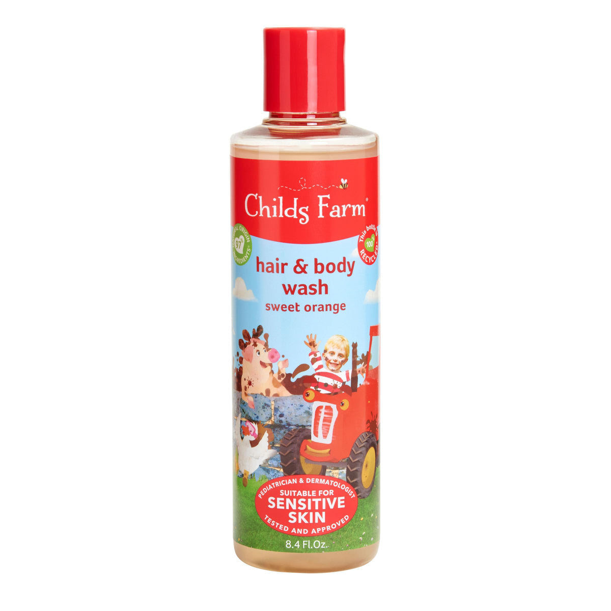 Childs Farm Kids Hair & Body Wash bottle, gentle cleansing for sensitive skin.