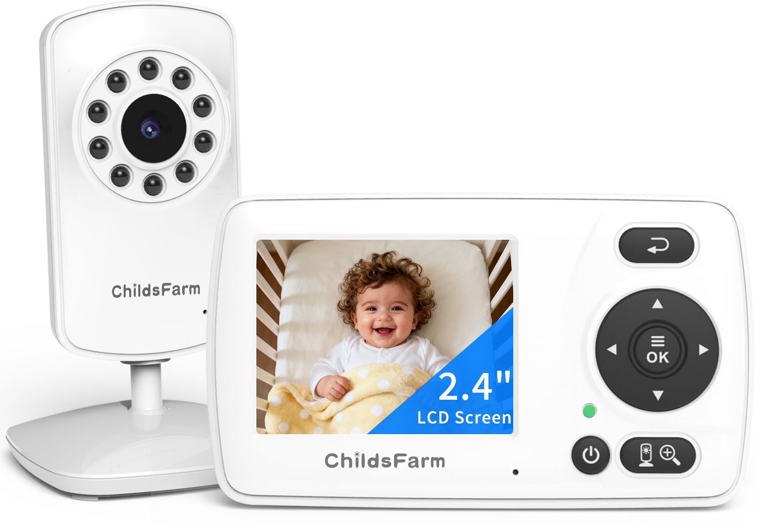 ChildsFarm monitor with 2.4-inch LCD for clear day and night viewing.