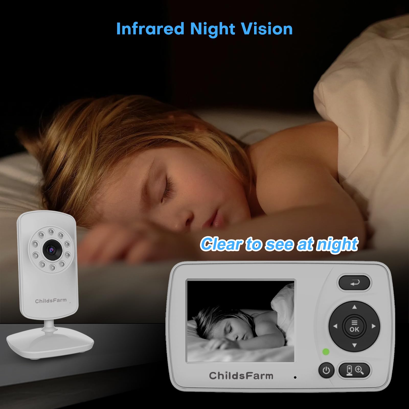 ChildsFarm monitor range up to 1000 ft for flexible placement.