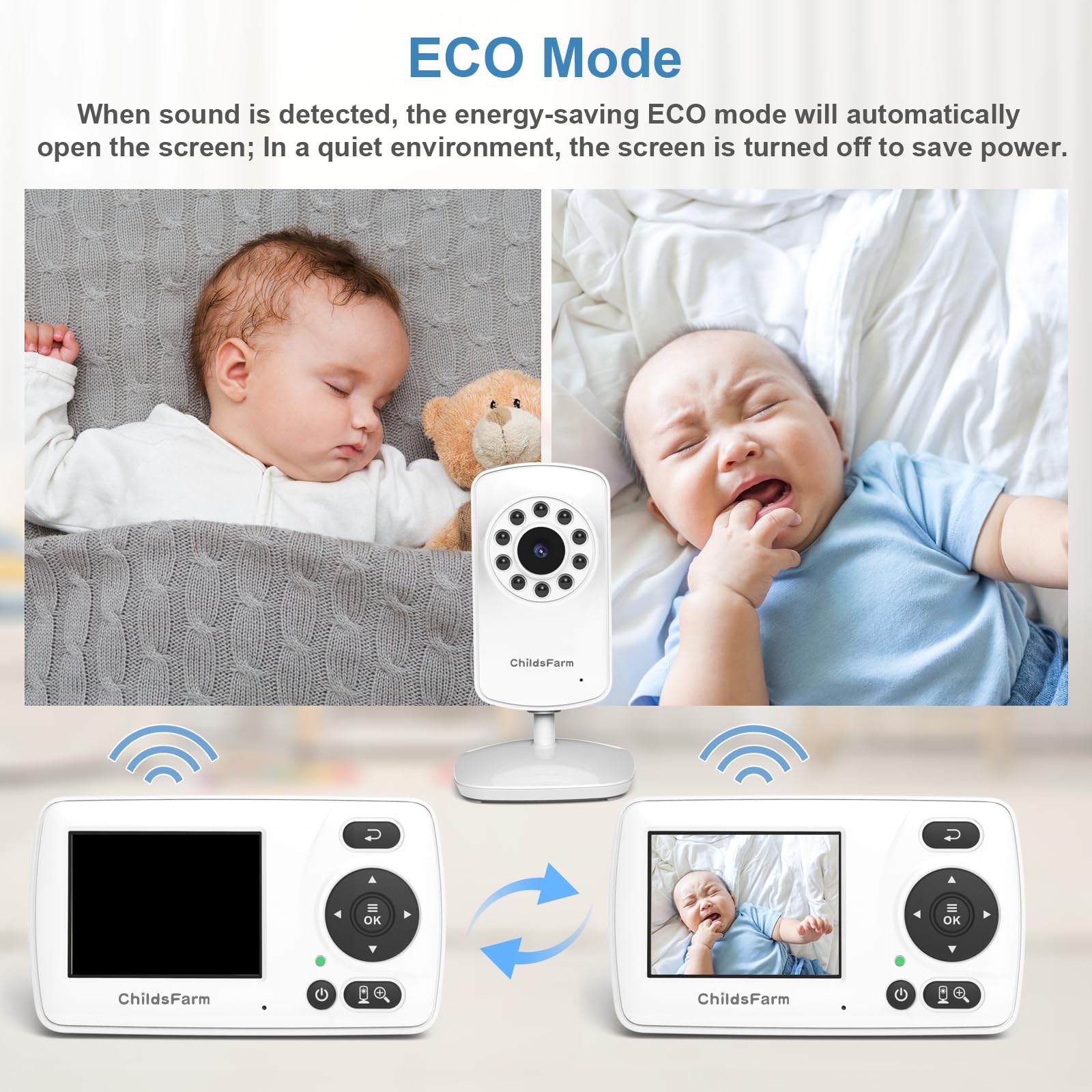ChildsFarm monitor VOX mode reduces unnecessary screen use by detecting sound.