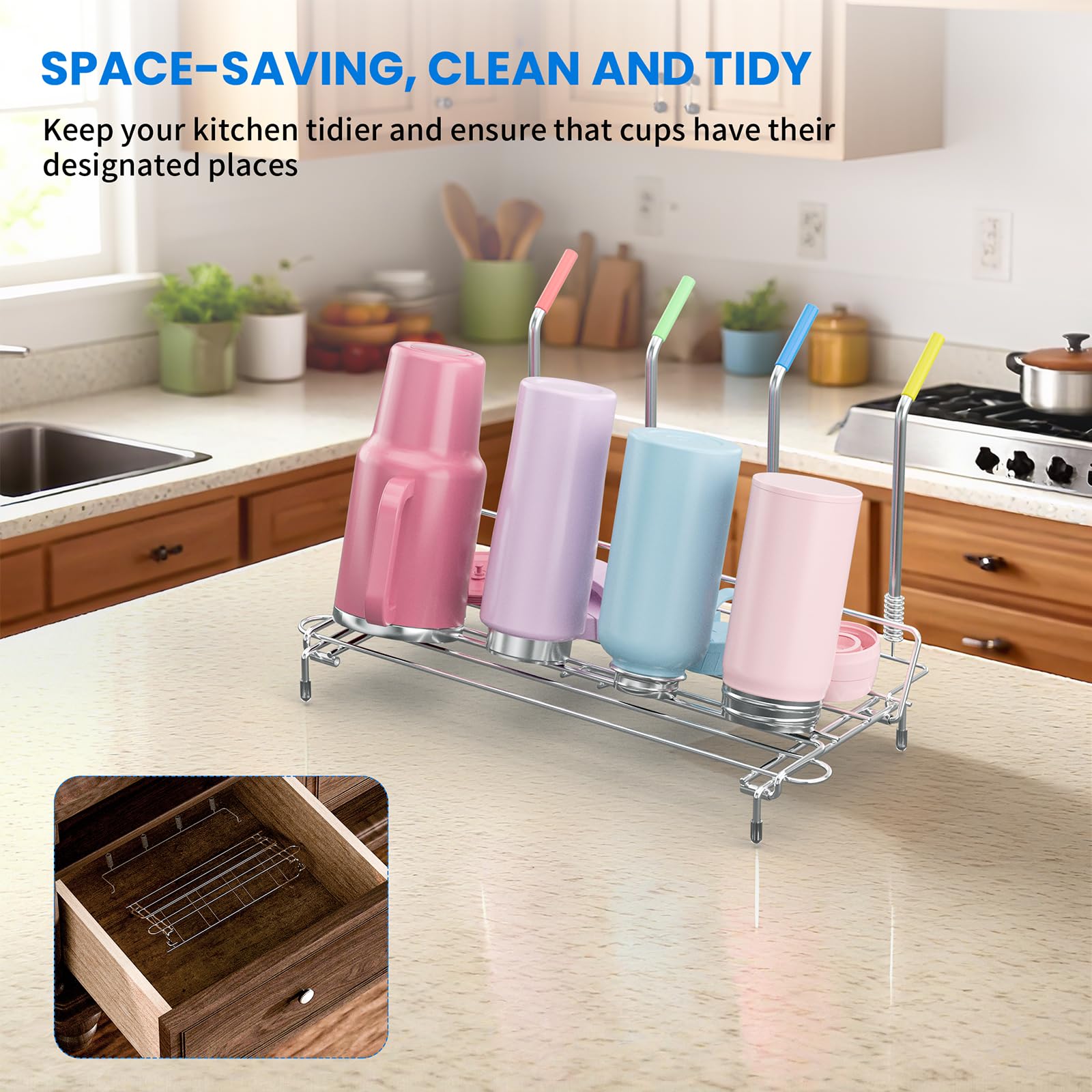 Chilinii foldable drying rack shown in a compact kitchen for easy storage.