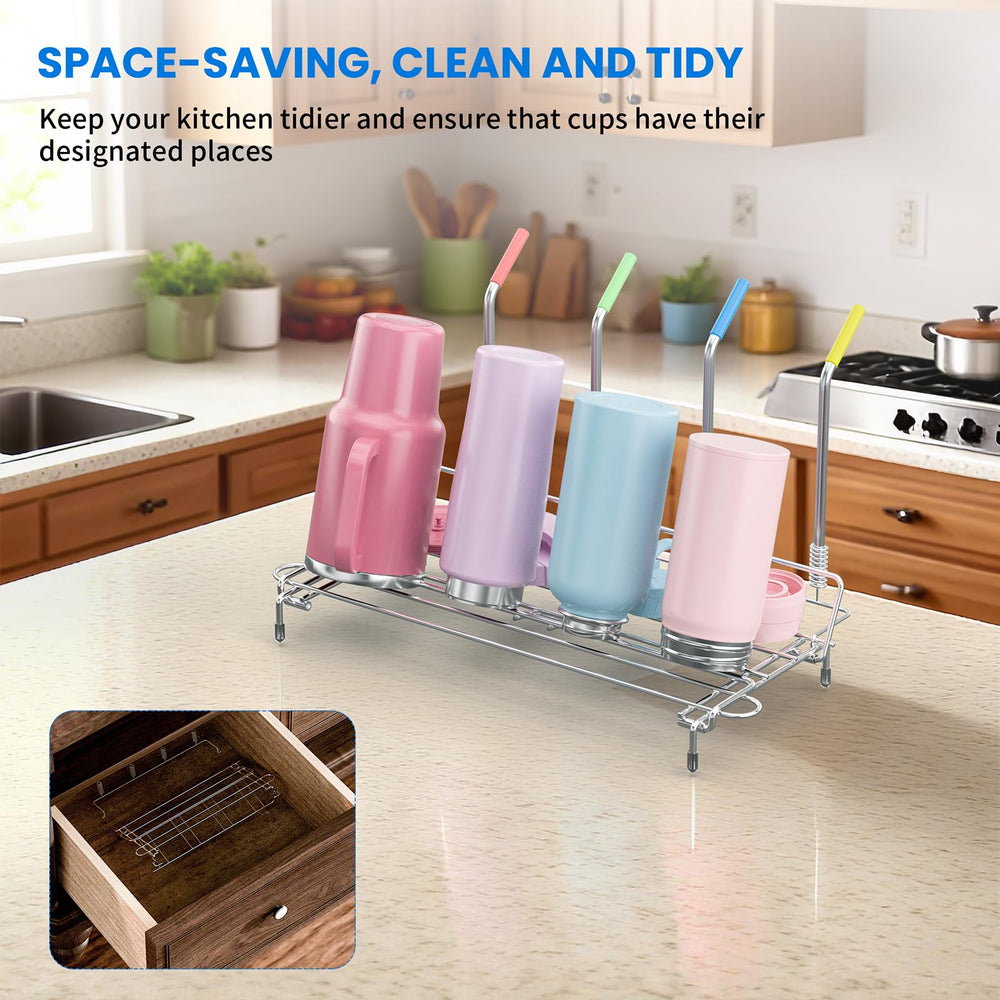 Chilinii foldable drying rack shown in a compact kitchen for easy storage.