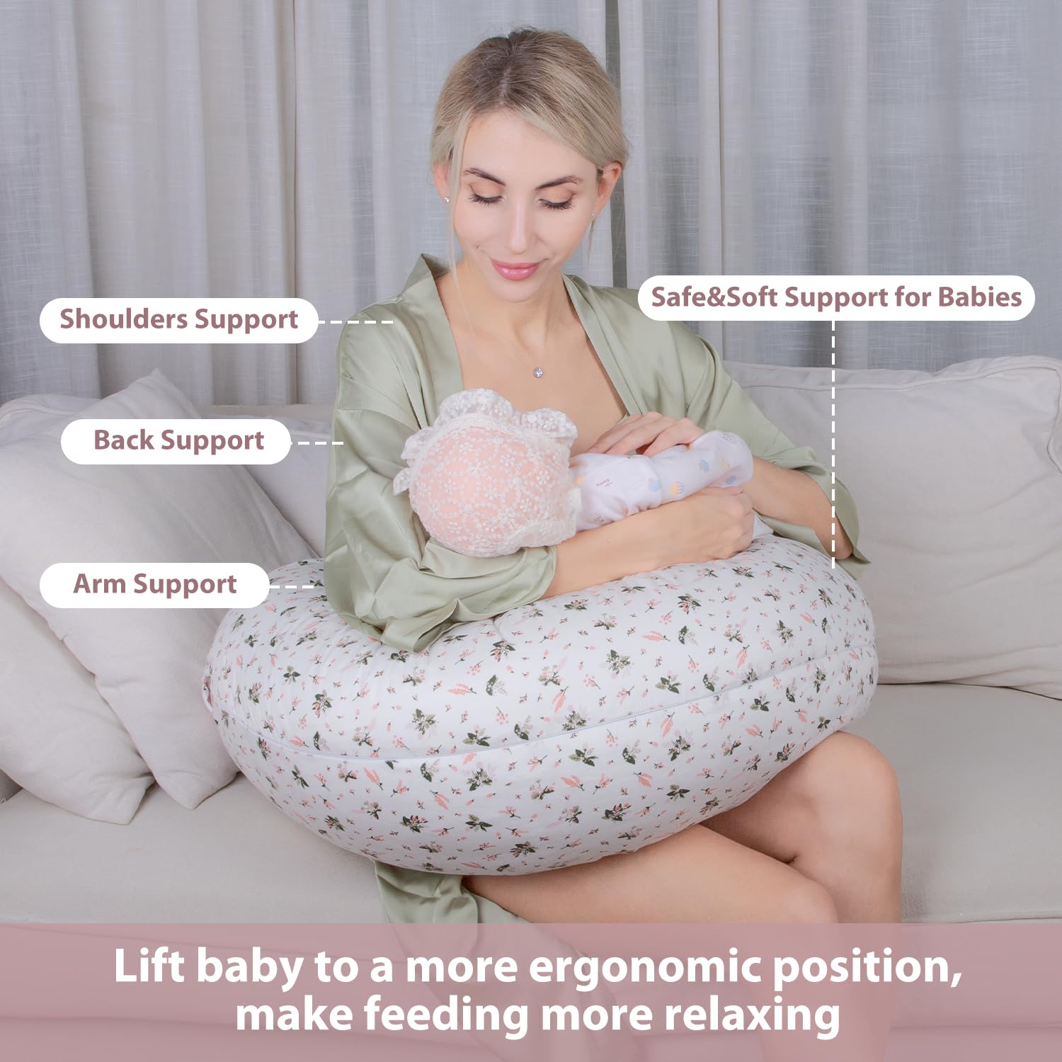 Chilling Home nursing pillow with adjustable waist strap for secure, comfortable feeding.
