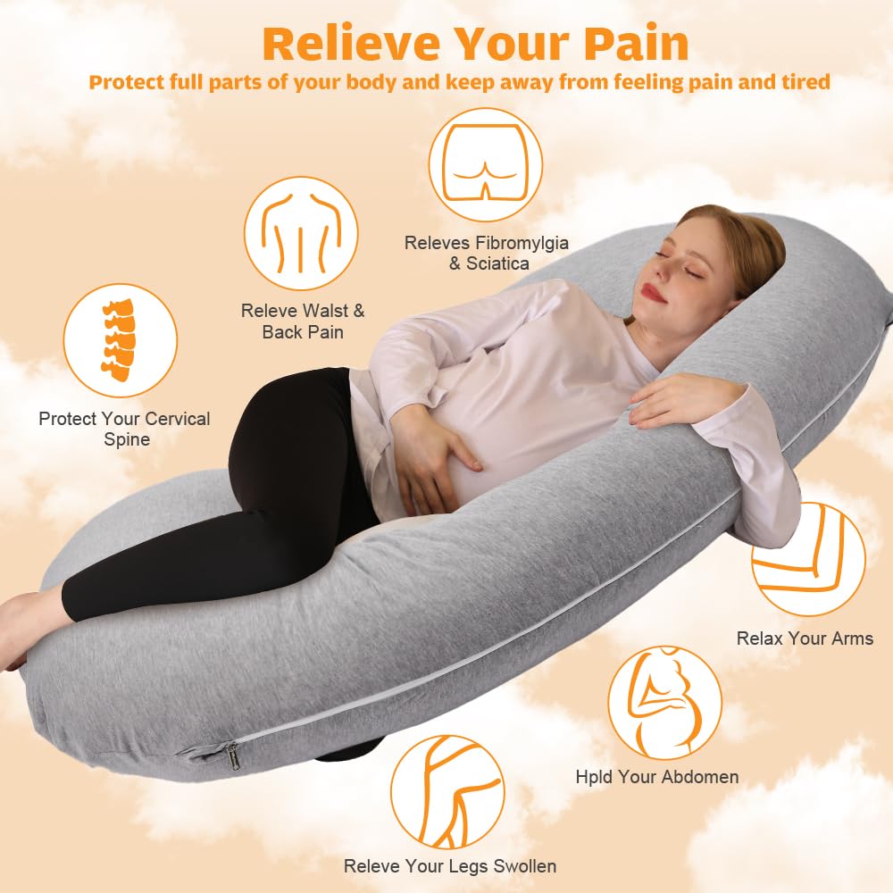 Grey jersey cover on Chilling Home pregnancy pillow, removable and machine washable.