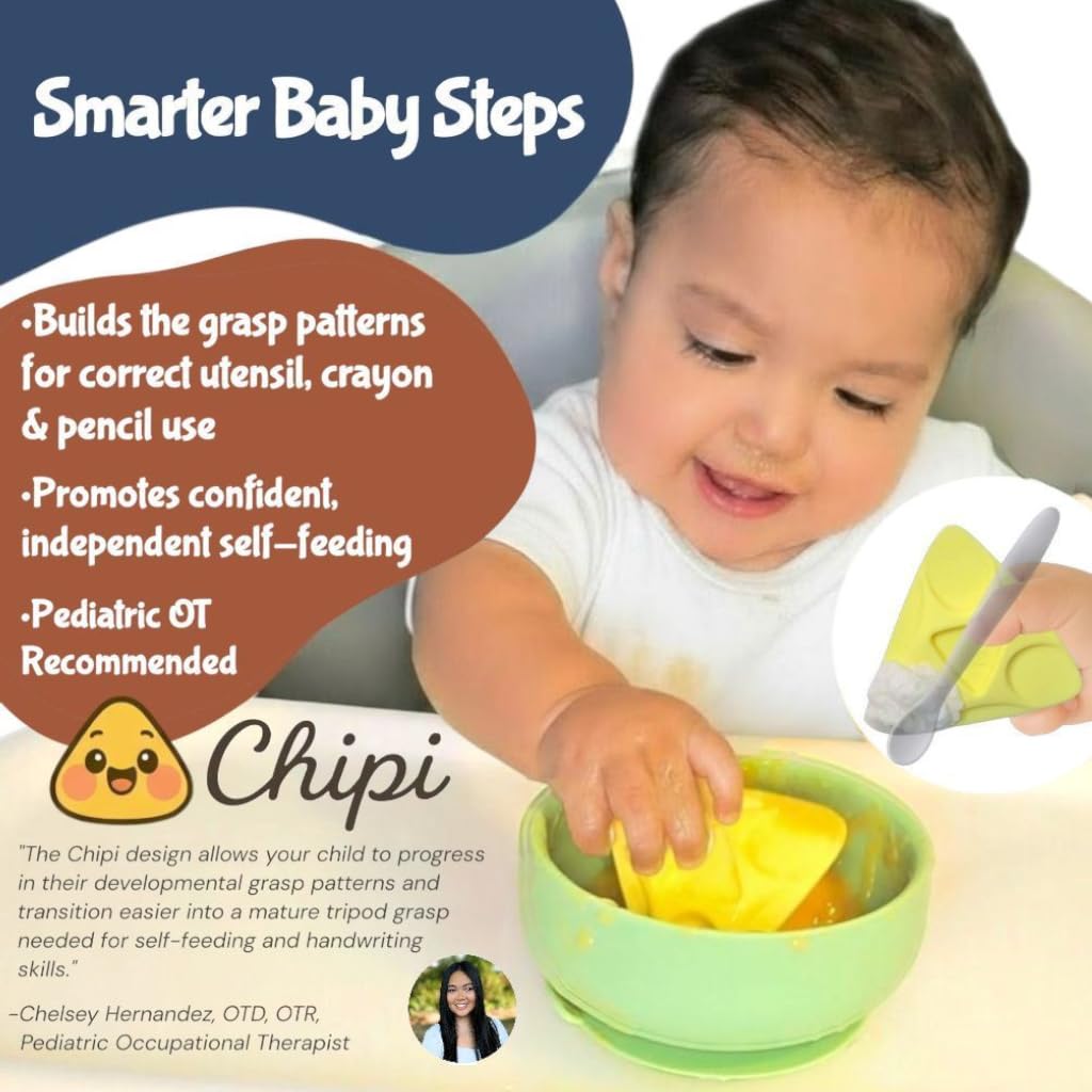 Chipi Baby Spoon held by a baby's hand showing easy grip for self-feeding.