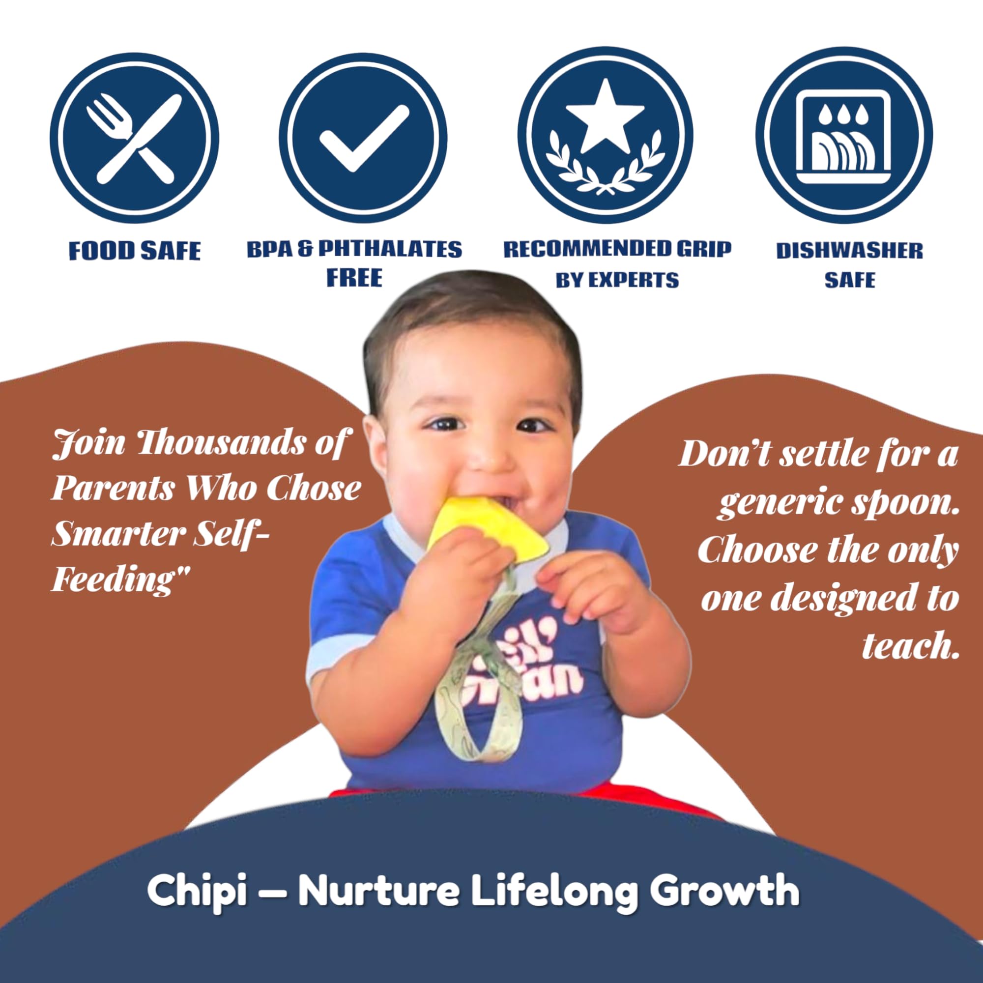 Chipi spoon compatible with pacifier clip for clean meals.
