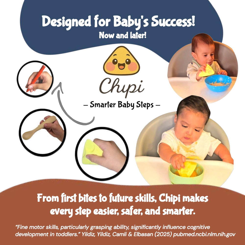 Chipi spoon wide base stabilizing feeding on the tray.