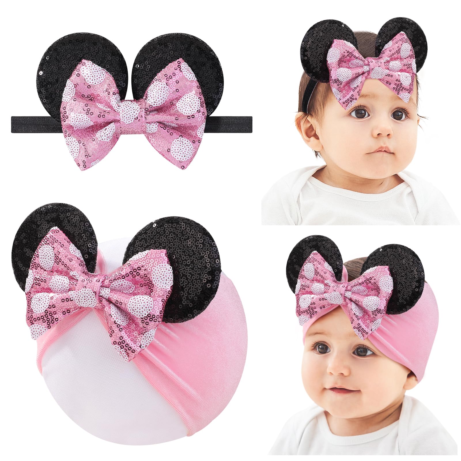 Choicbaby mouse ears headband pair on a newborn girl, soft stretch for delicate hair.