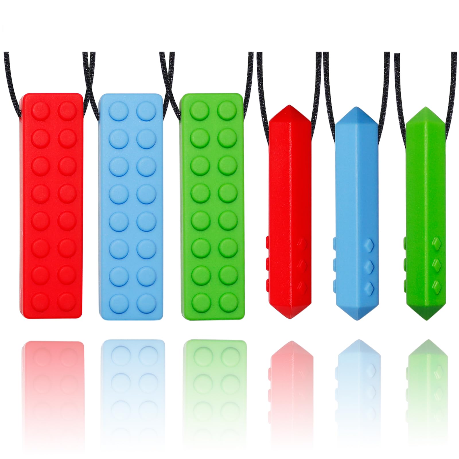 Choneer chew necklace with building-block pendants for focused chewing.