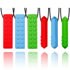 Choneer chew necklace with building-block pendants for focused chewing.