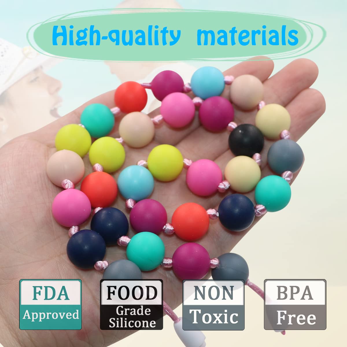 Choneer silicone chew necklace closeup showing soft texture and bead design