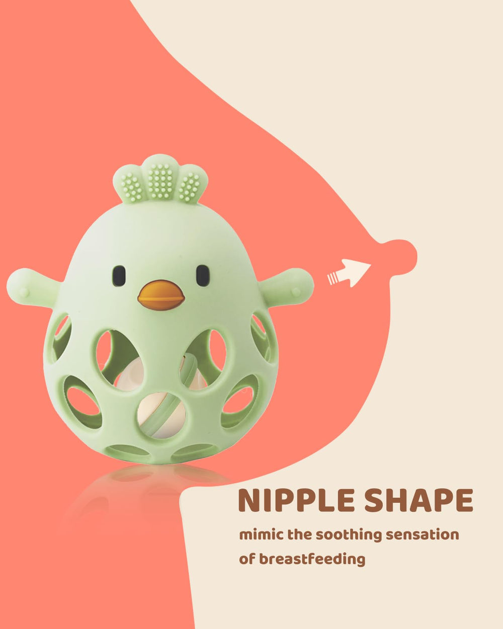 ChooKaChoo rattle-ball invites baby to shake, stimulating sensory awareness.