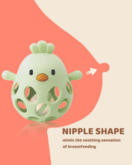 ChooKaChoo rattle-ball invites baby to shake, stimulating sensory awareness.