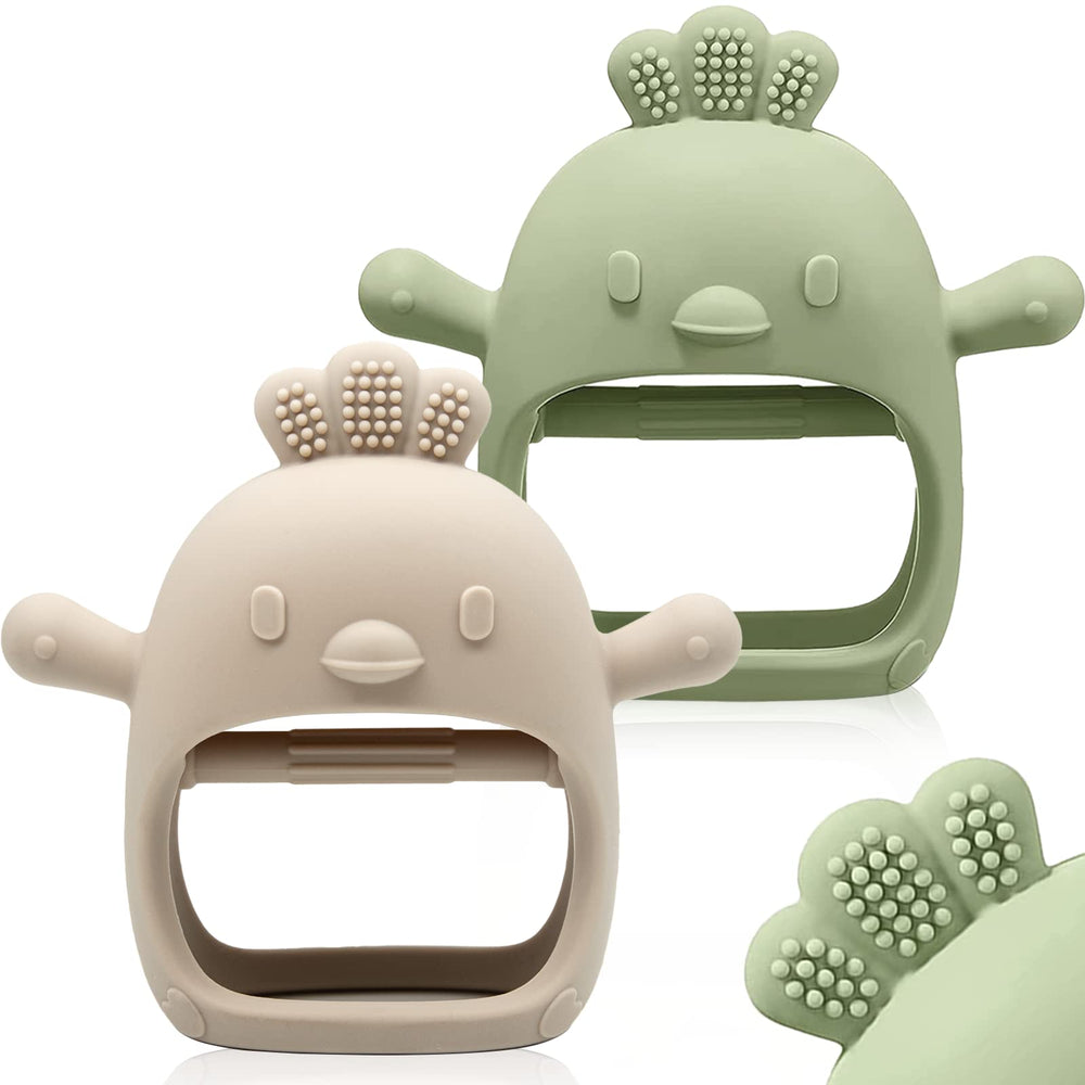 ChooKaChoo teething mitten worn on baby hand for safe, hands-free soothing.