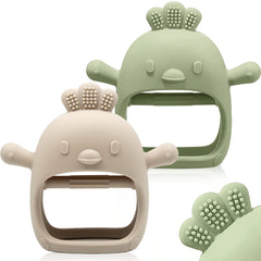 ChooKaChoo teething mitten worn on baby hand for safe, hands-free soothing.