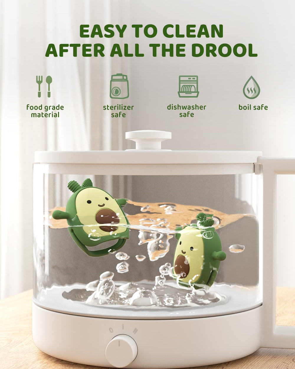 ChooKaChoo avocado teething mitten on baby with a smile