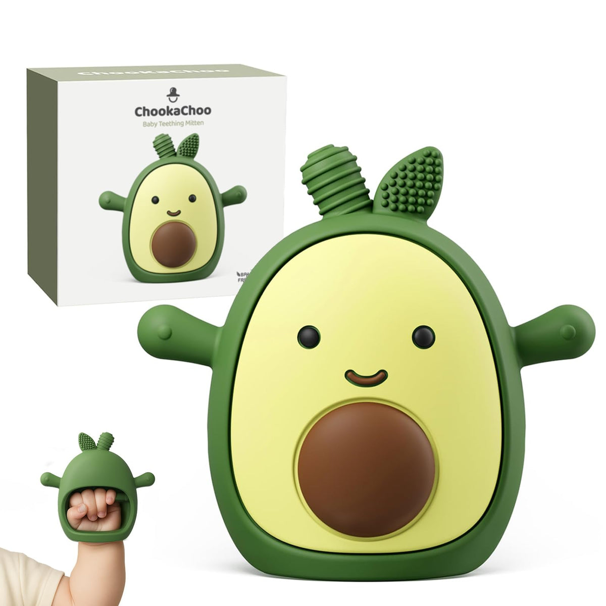 ChooKaChoo avocado teething mitten front view eases early grasp
