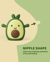 ChooKaChoo avocado teething mitten worn on hand for baby's chew