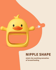 ChooKaChoo Duckie teether mitten close-up, showing soft silicone texture for gum relief.