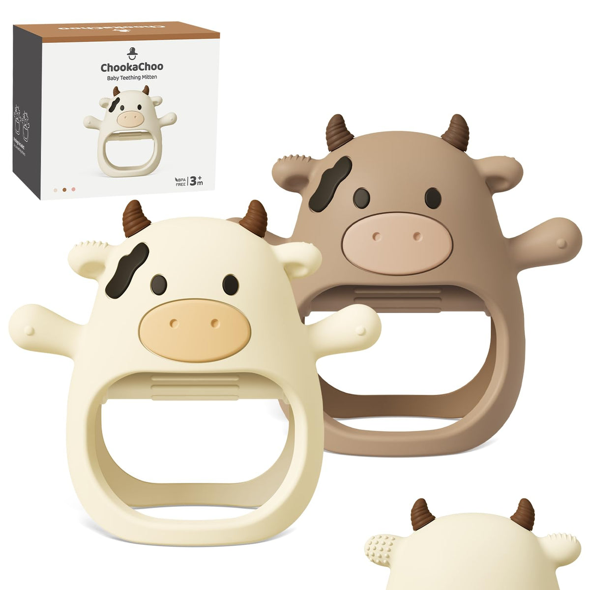 ChooKaChoo teething mitten pack front view with two colors for comforting chewing