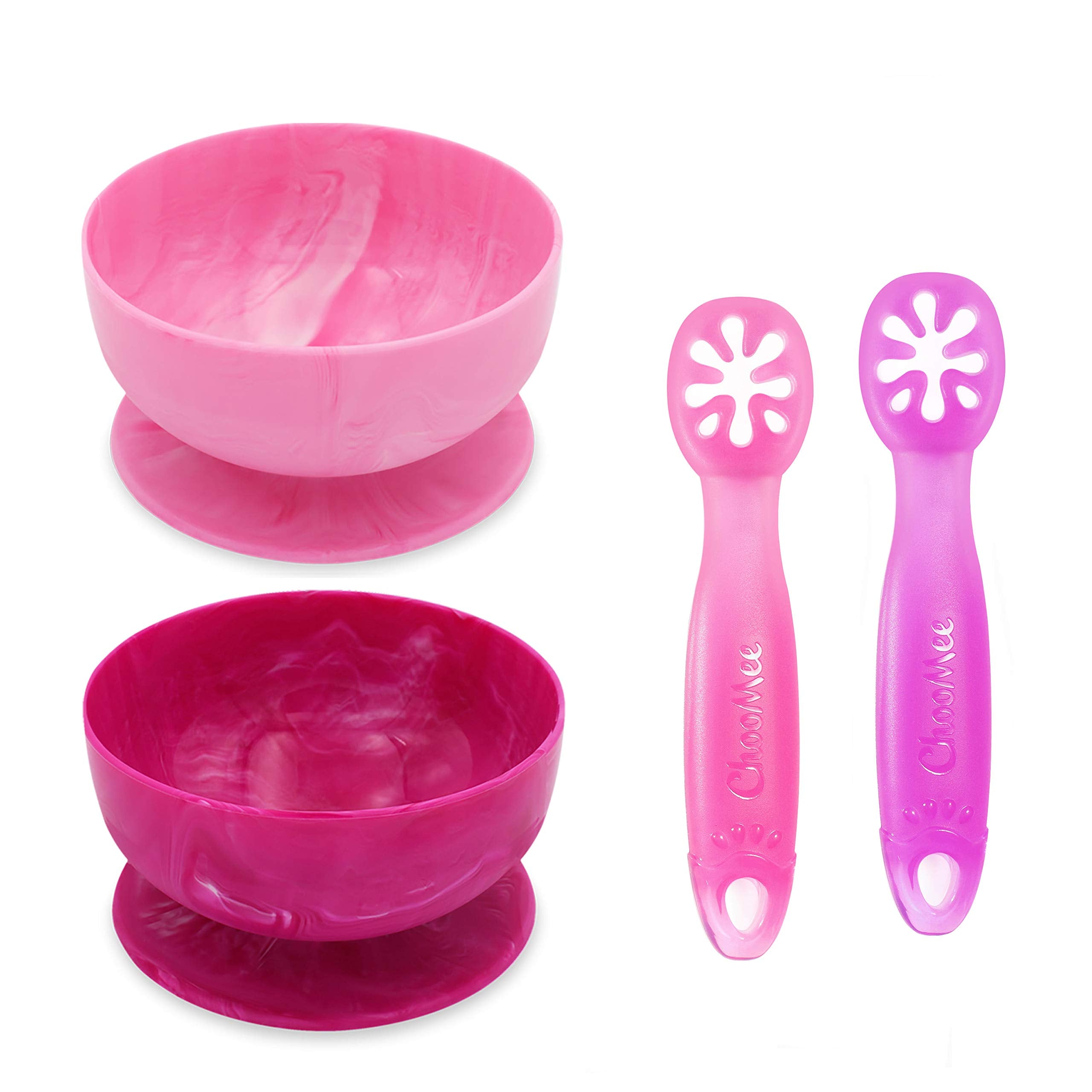 ChooMee suction bowls and FlexiDip learning utensils for stable self-feeding.