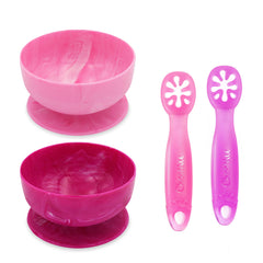 ChooMee suction bowls and FlexiDip learning utensils for stable self-feeding.