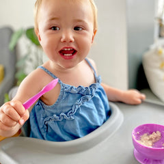 ChooMee silicone spoon with tether loop keeps it handy during meals.