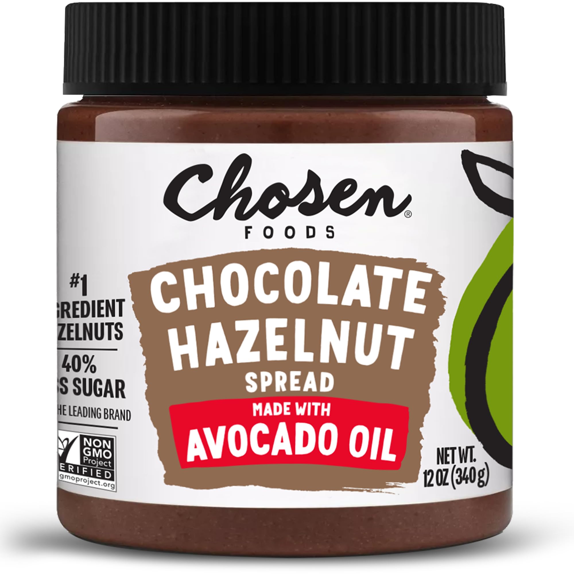 Chosen Foods chocolate hazelnut spread bottle shows creamy avocado-oil base for smooth indulgence.
