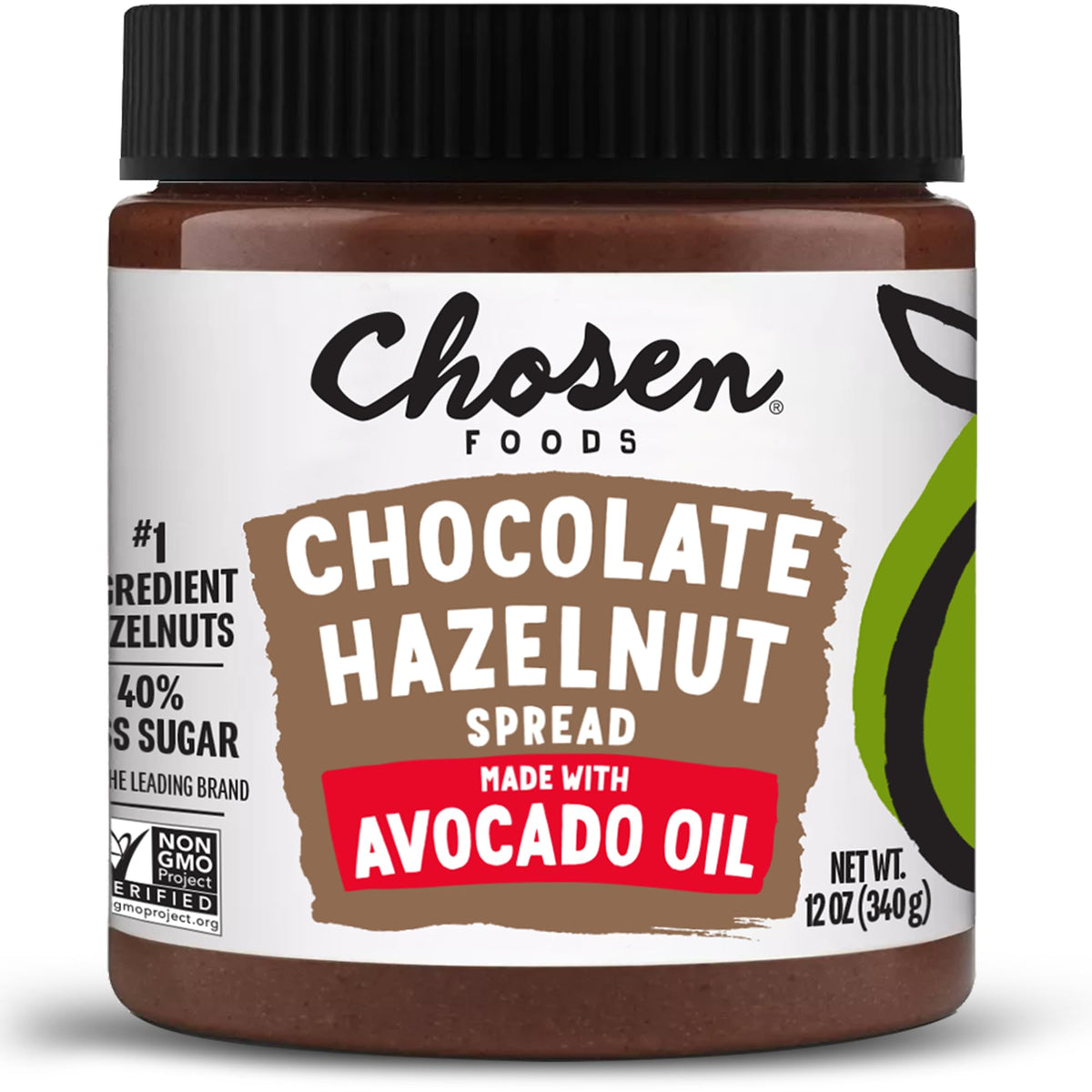 Chosen Foods chocolate hazelnut spread bottle shows creamy avocado-oil base for smooth indulgence.