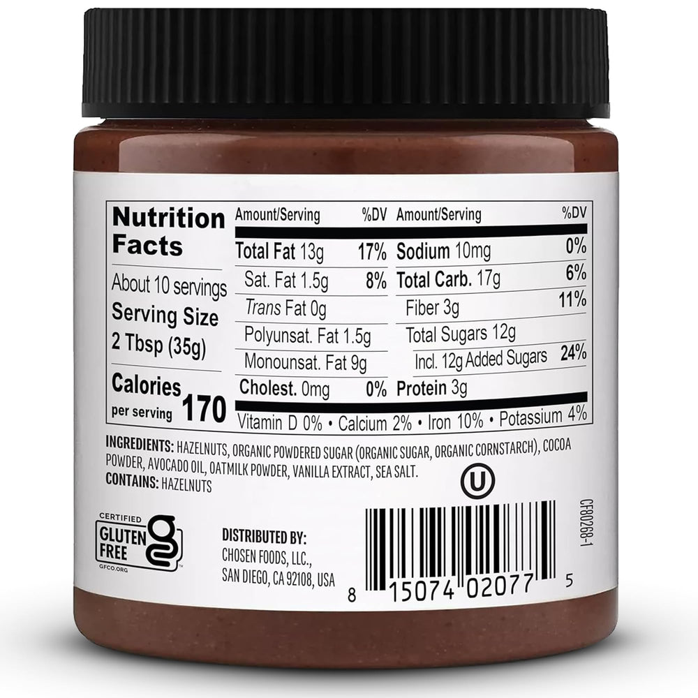 Chosen Foods spread jar highlights rich hazelnuts and clean ingredients for a tasty treat.