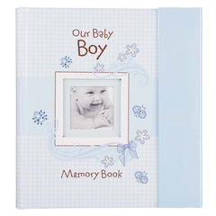 Christian Art Gifts baby boy memory book blue cover with keepsake pockets.