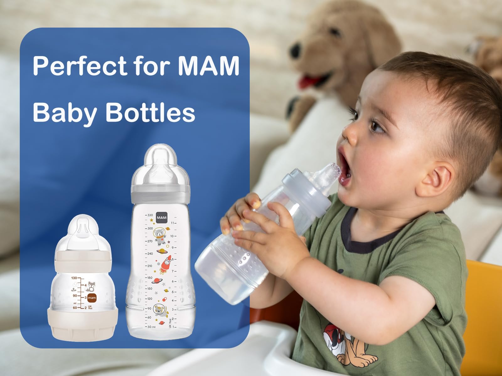 CHUBBIEE sippy spout on glass bottles provides a soft silicone sipping surface.