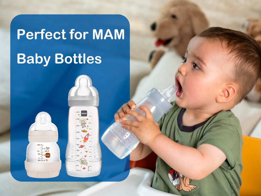 CHUBBIEE sippy spout on glass bottles provides a soft silicone sipping surface.