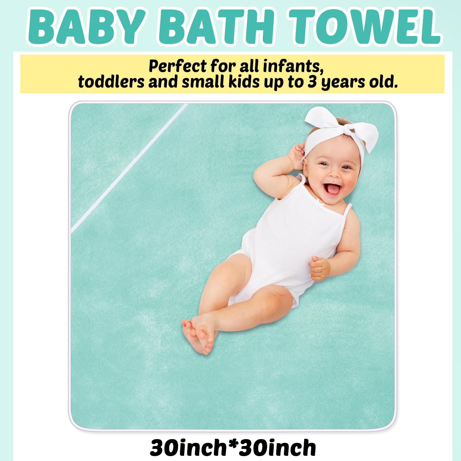 Chumia 30x30 inch towel designed for infants and toddlers during bath time.