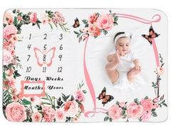 Chumia milestone blanket flat lay with pink floral design for baby memories
