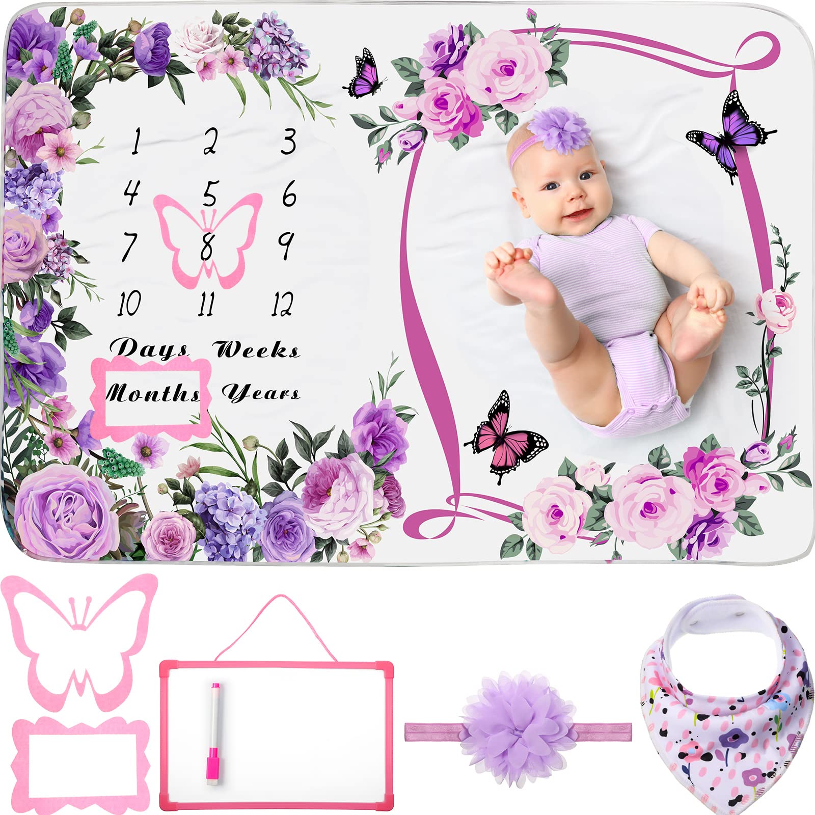 Chumia milestone blanket in purple butterfly pattern for monthly growth photos.