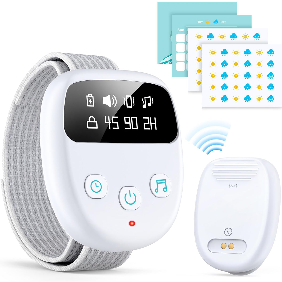 Chumoasis bedwetting alarm sensor closeup showing moisture detection for prompt alerts