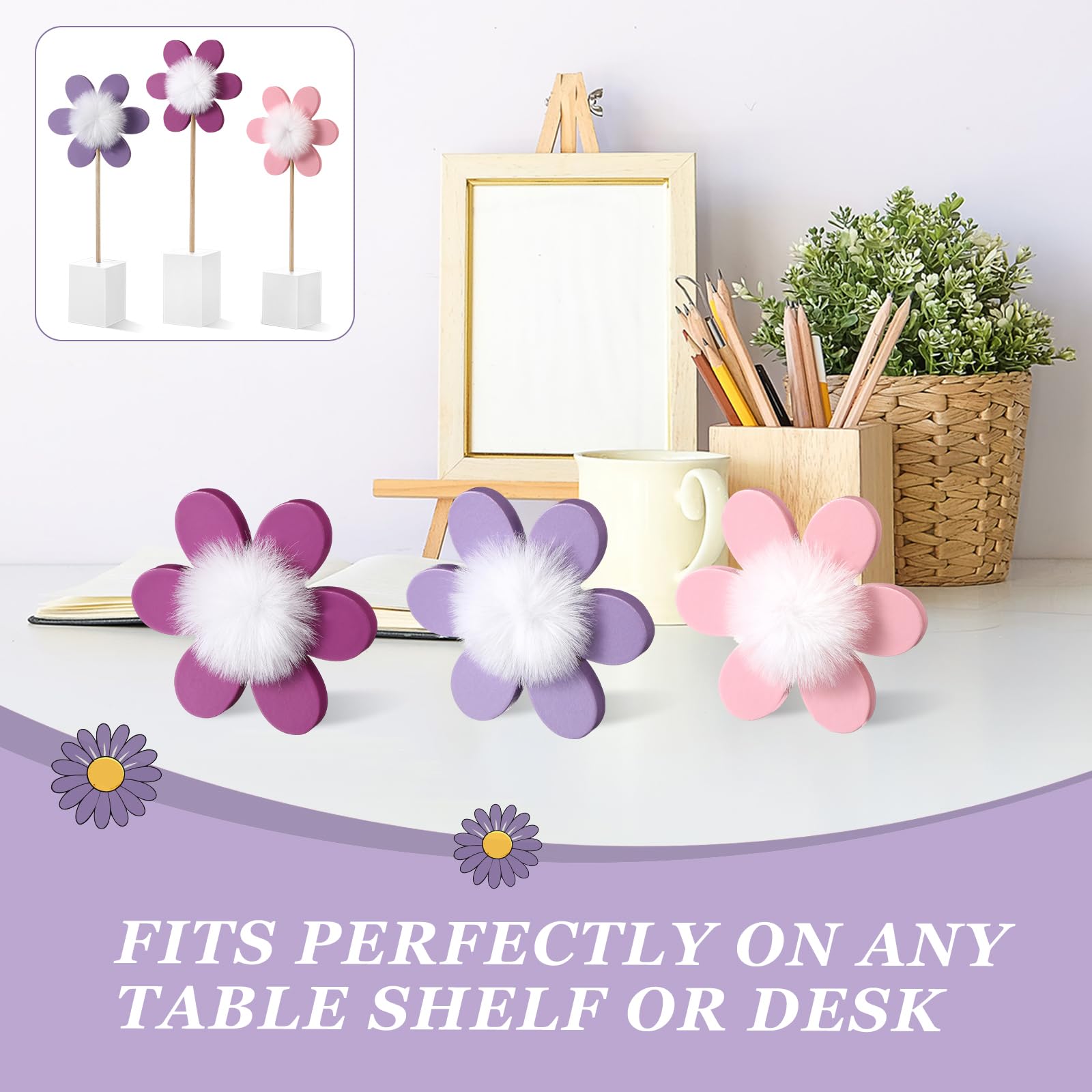 Chunful purple daisy nursery decoration adds color to shelves and desks
